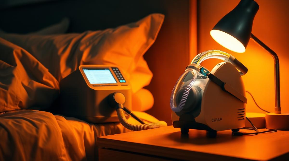 CPAP machine on a nightstand next to a sleeping person, a common treatment for obstructive sleep apnea