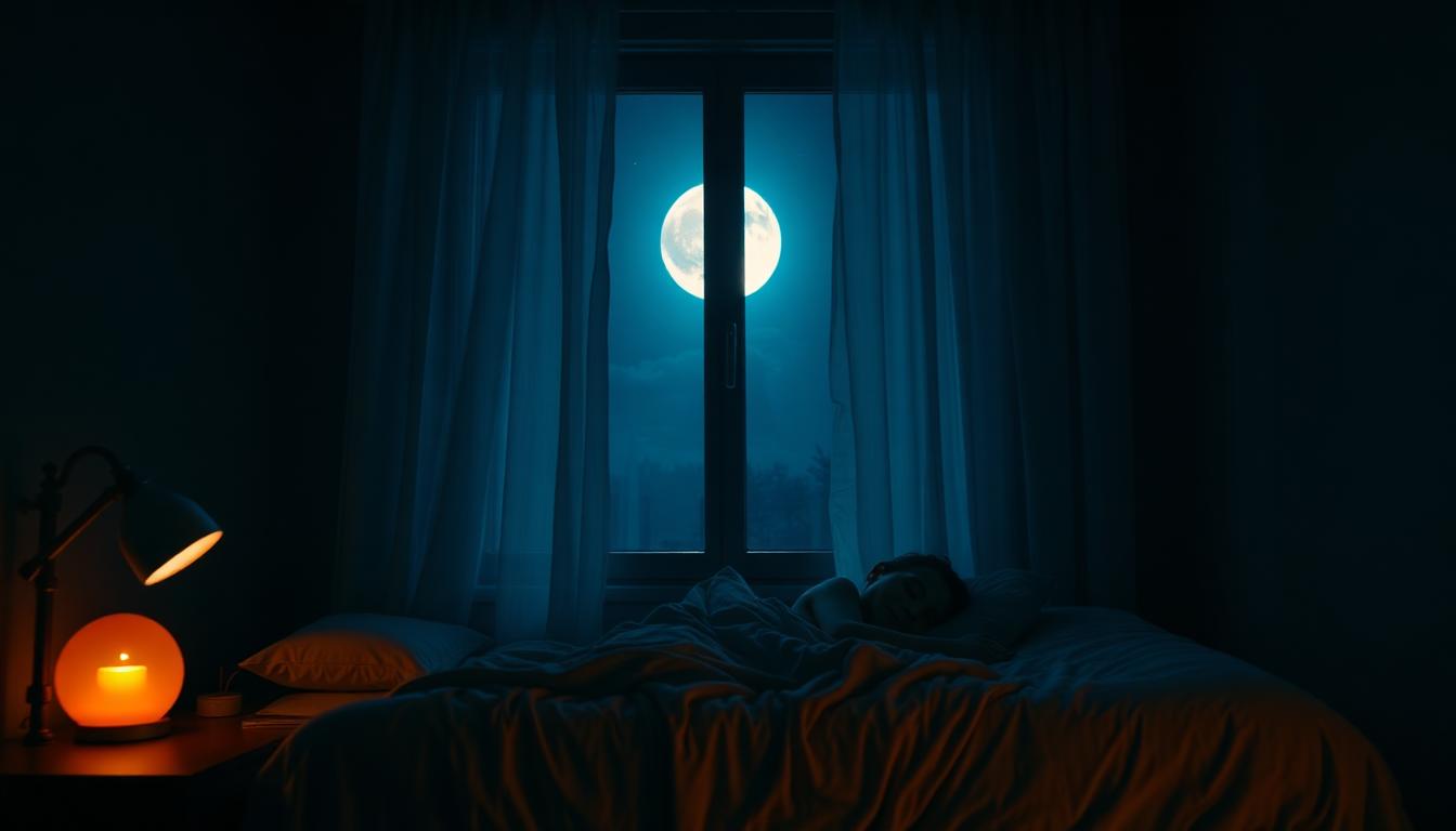 Person sleeping peacefully in a dark bedroom with moonlight and warm nightstand lighting
