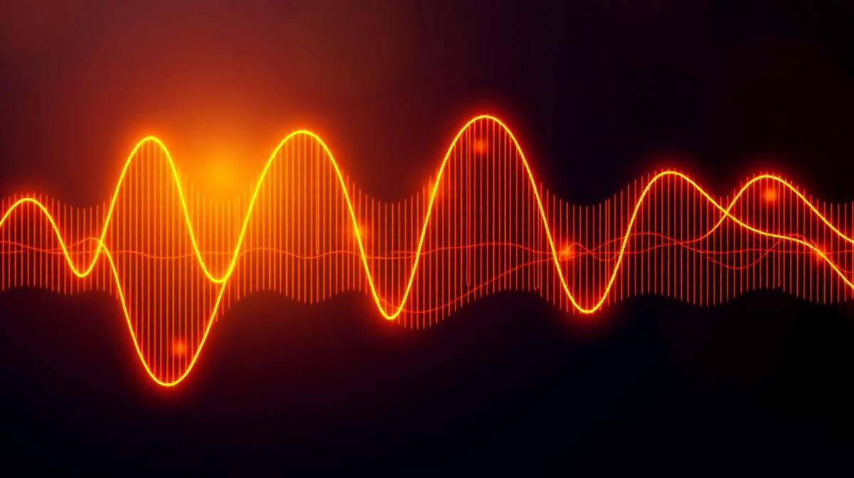 Abstract sound wave visualization with golden amber frequencies on a dark navy background representing snoring decibel levels