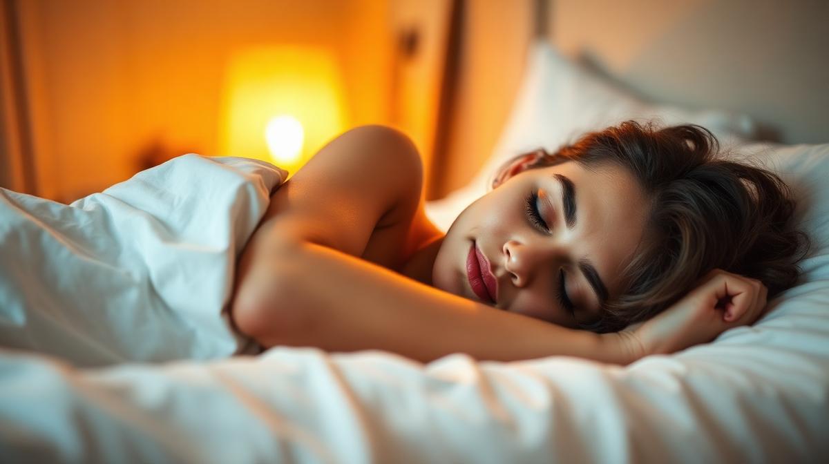 Overhead view of a person sleeping in bed with visual sound wave ripples representing snoring volume levels
