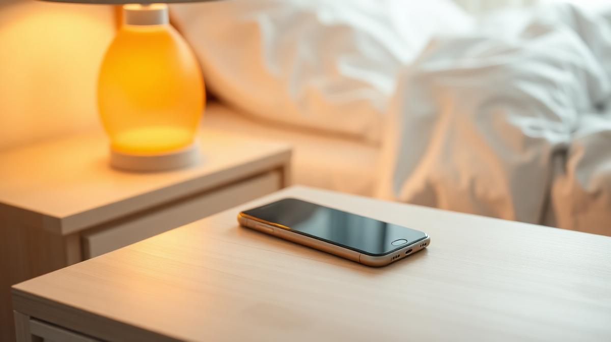 Smartphone on a nightstand tracking snoring in a dark cozy bedroom at night