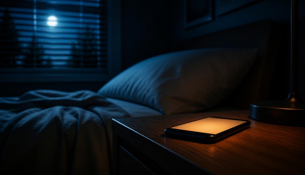 Smartphone measuring snoring loudness on a nightstand in a dark bedroom
