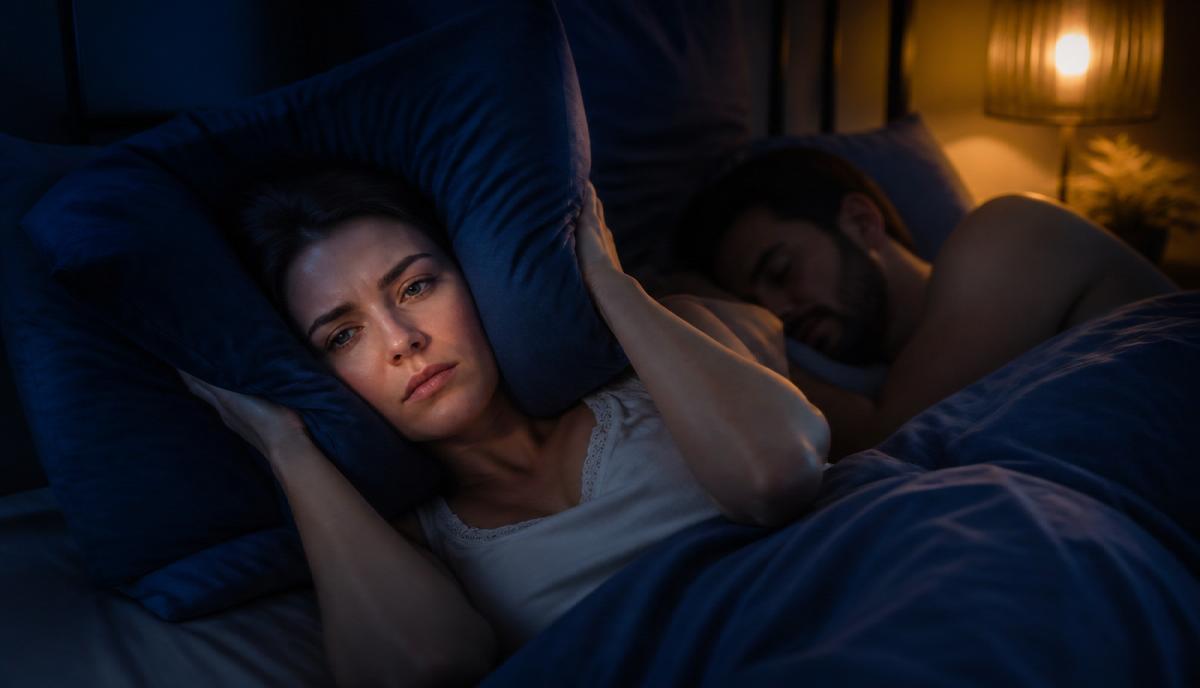 Partner lying awake in bed at night covering her ears while the other person sleeps