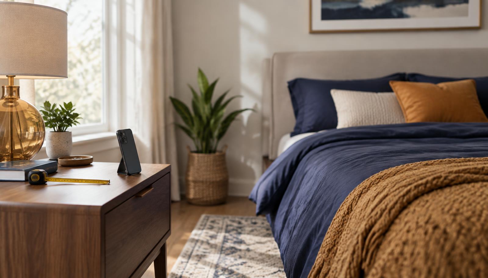 Bright bedroom with a smartphone standing on a bedside table about a metre from the pillow, next to a tape measure