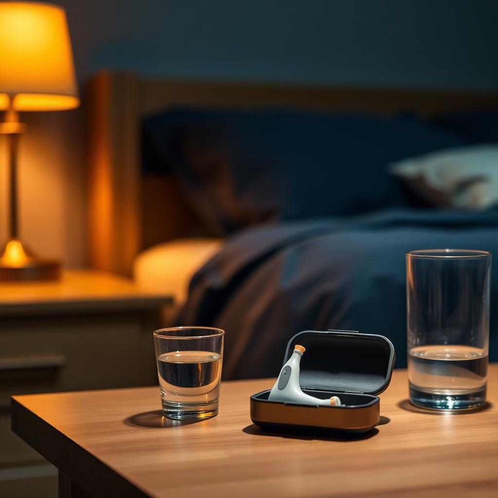 Anti-snoring mouthpiece in an open case on a wooden nightstand next to a glass of water with a warm amber lamp glow and navy bedding