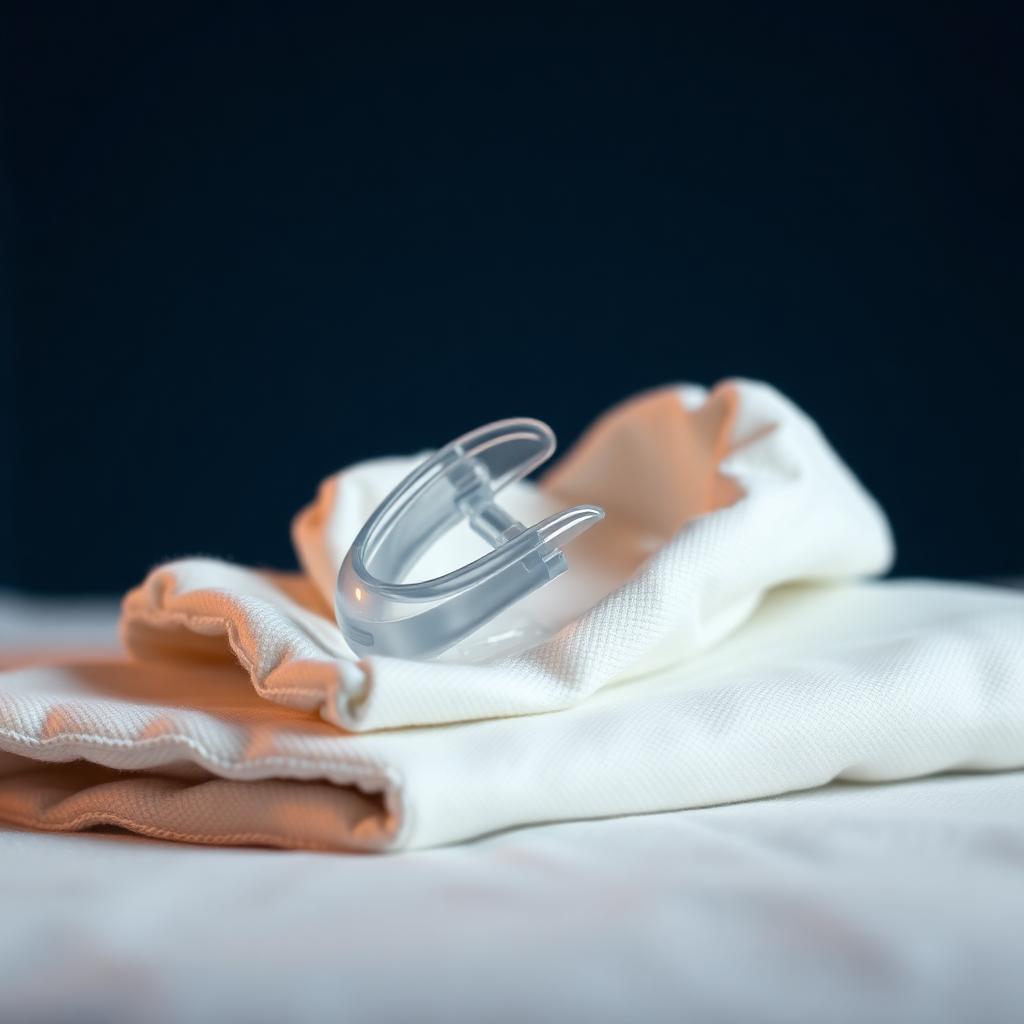 Clear anti-snoring mouthpiece resting on folded white cloth with warm amber rim lighting on a deep navy background
