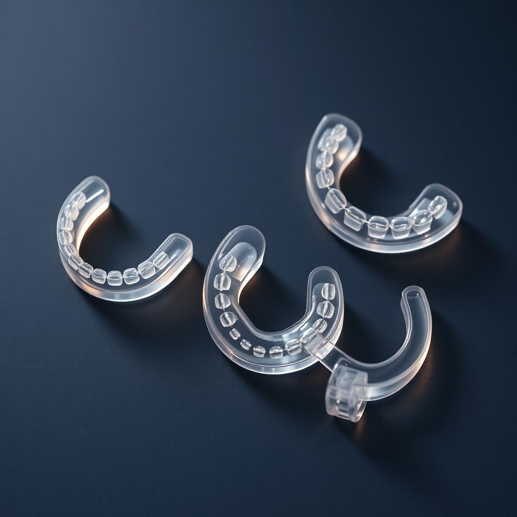 Three different clear anti-snoring mouthpieces arranged on a dark navy surface with warm amber side lighting