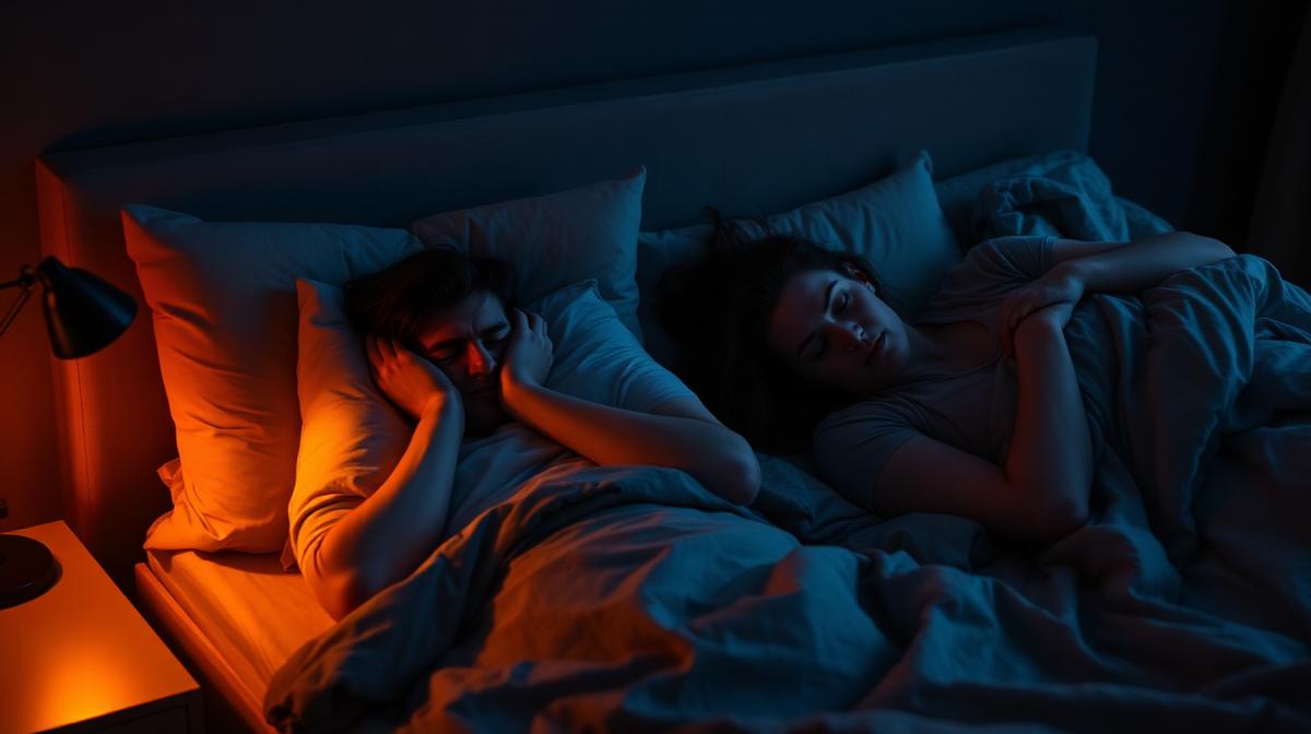 Person covering ears with pillow in bed next to snoring partner in dark bedroom