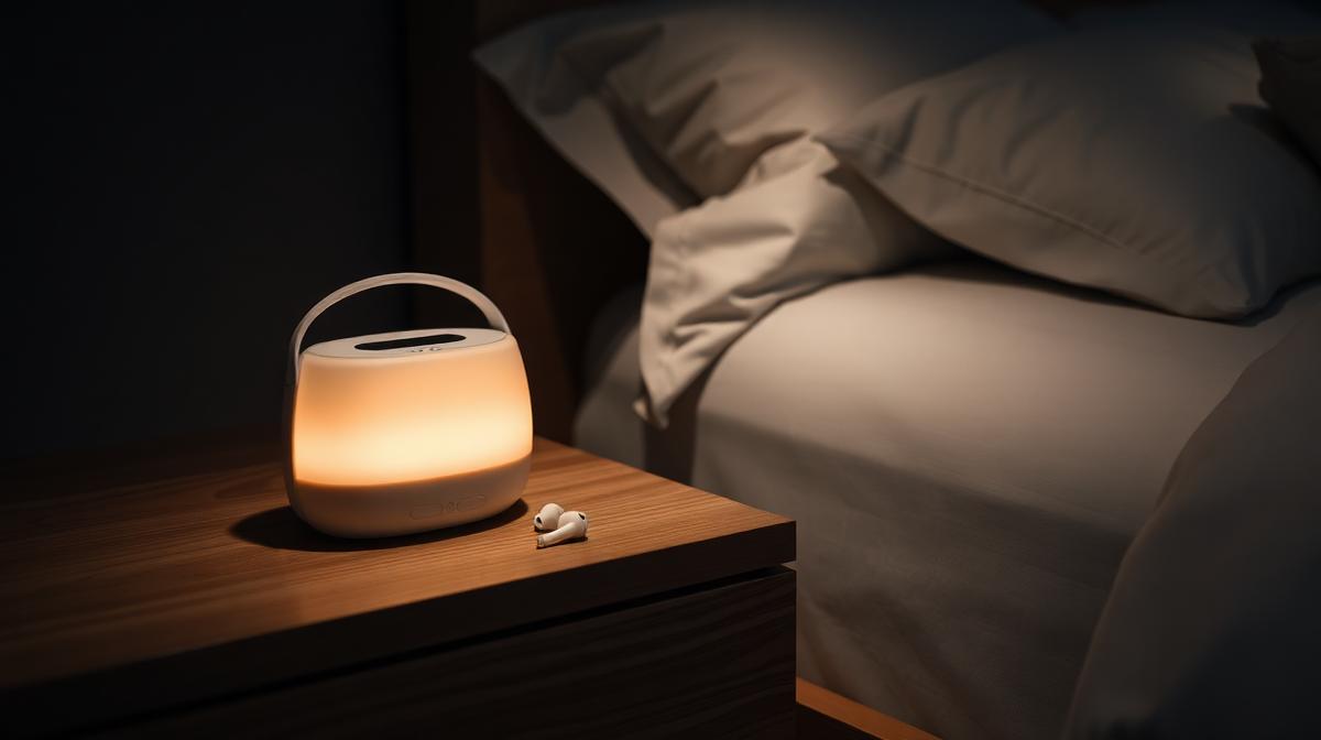 White noise machine and earbuds on a nightstand beside a bed in a dark serene bedroom