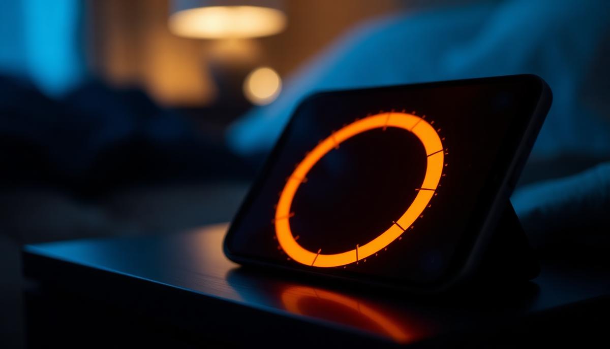Smartphone on a nightstand at night showing a glowing severity gauge arc