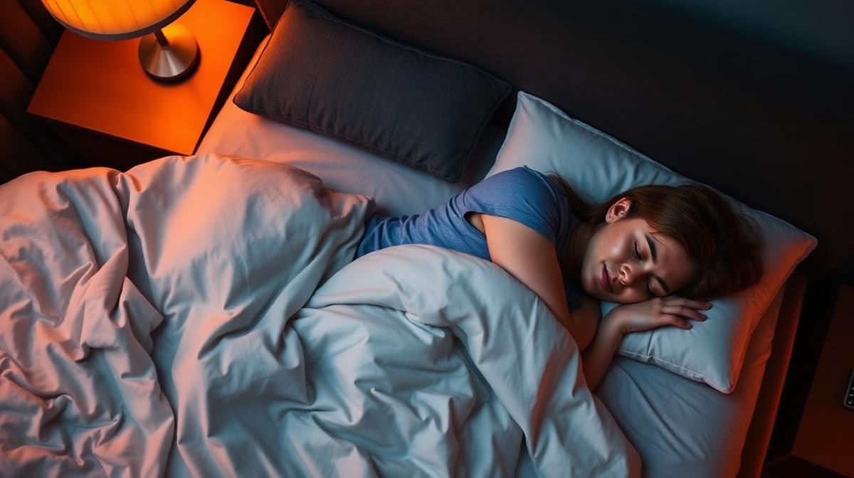 Person sleeping comfortably on their side in a dark bedroom with warm amber lighting