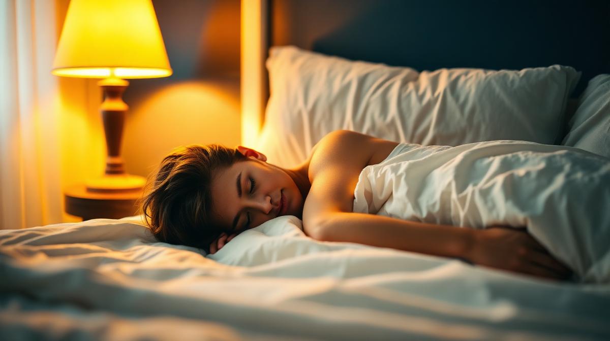 Person sleeping peacefully in a cozy dark bedroom with warm amber lamp lighting