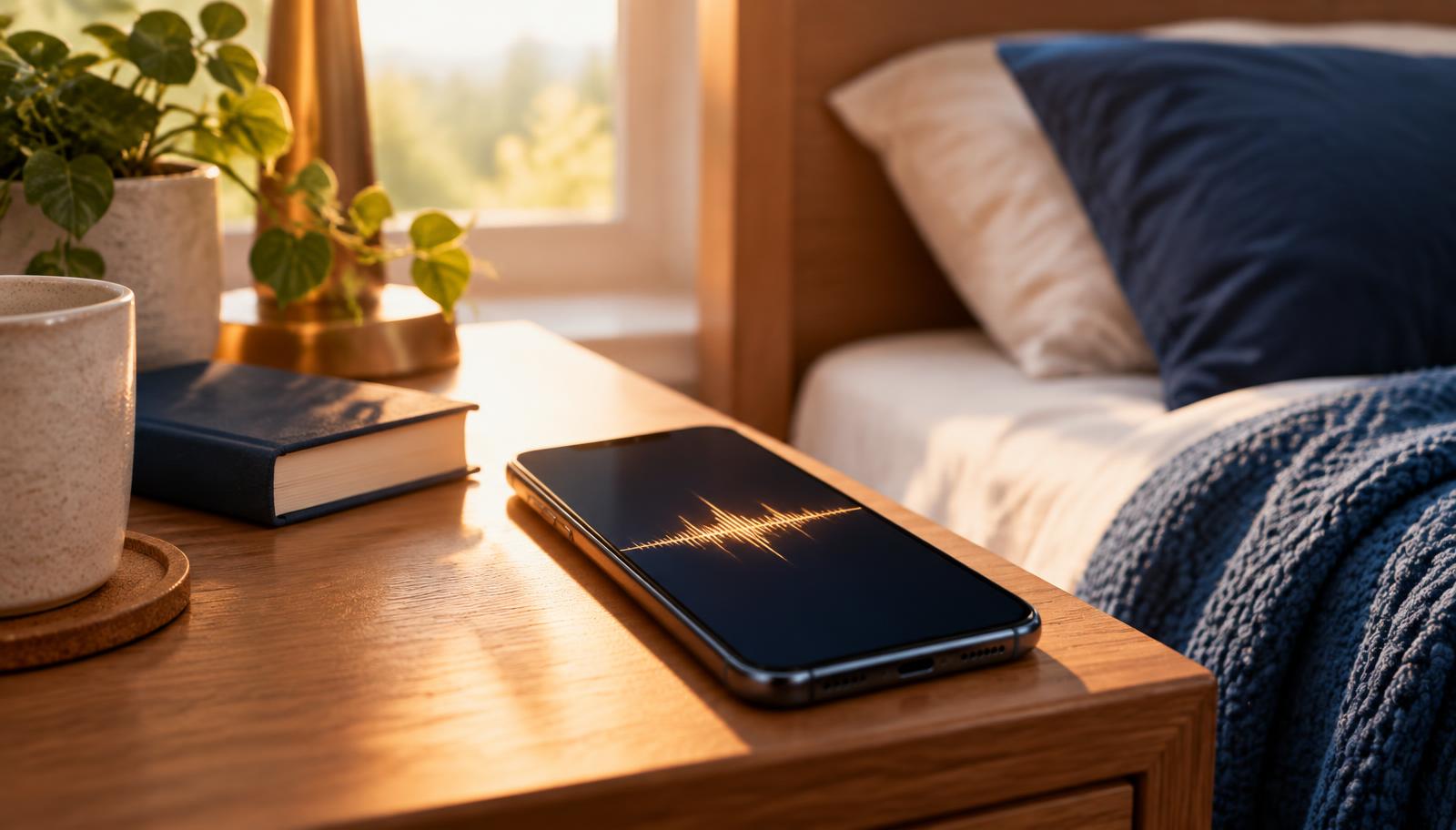 Smartphone on a wooden nightstand beside a bed, its screen showing an amber sound waveform in morning light