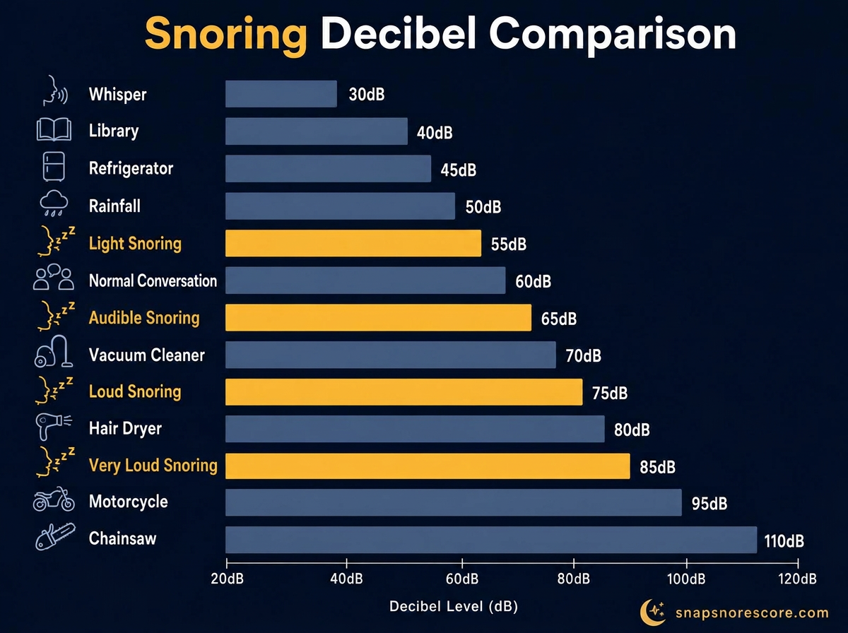 Snoring decibel comparison chart showing light snoring at 55 dB, audible at 65 dB, loud at 75 dB and very loud at 85 dB (editorial acoustic descriptions, not medical severity levels) alongside everyday sounds from whisper (30 dB) to chainsaw (110 dB)