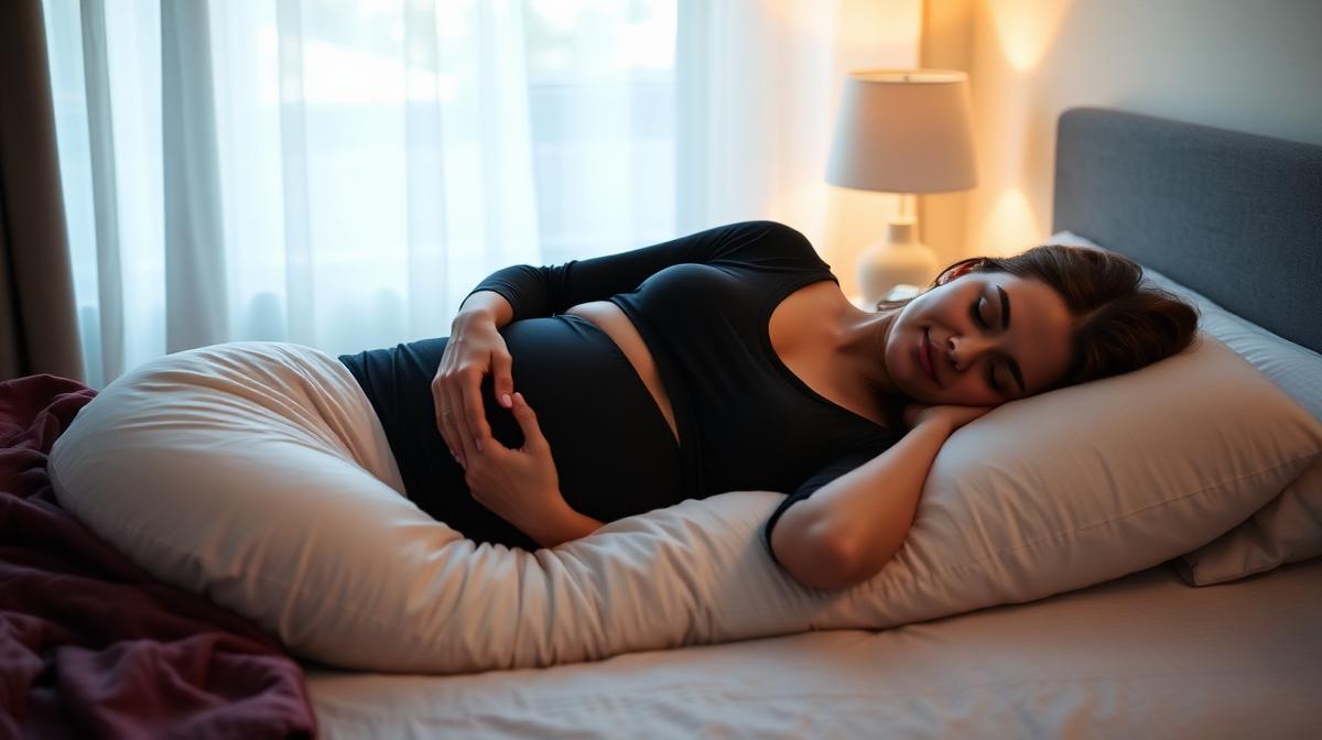 Pregnant woman sleeping comfortably on her side with a pregnancy pillow in a dark bedroom