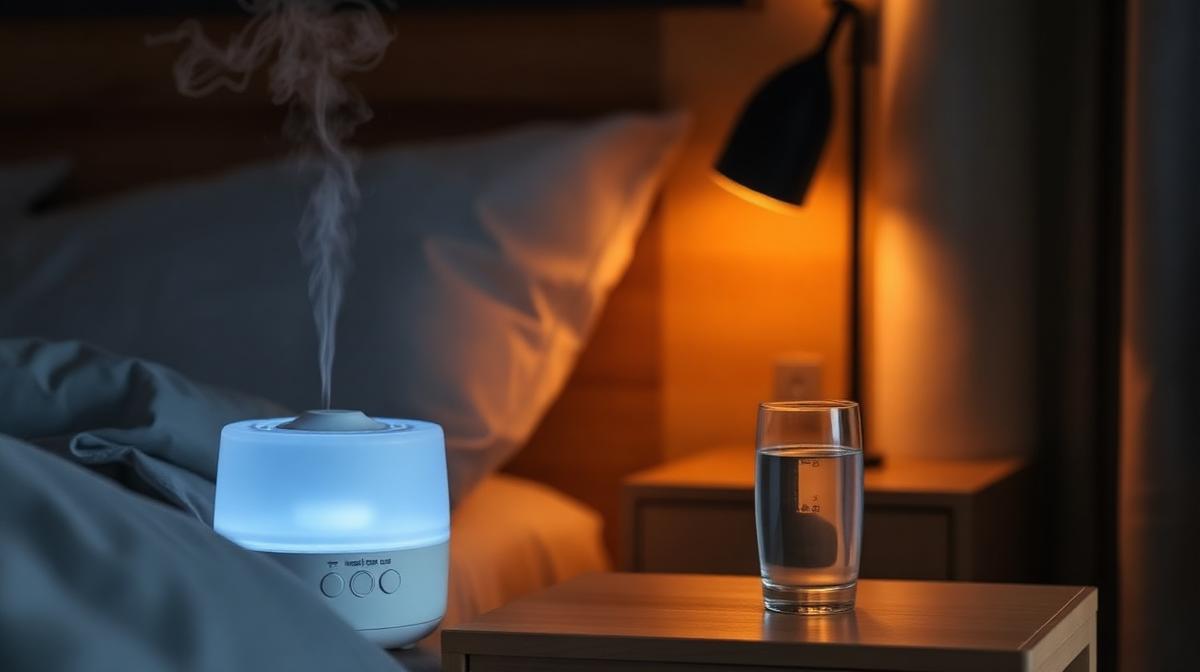 Humidifier and glass of water on a nightstand in a cozy dark bedroom
