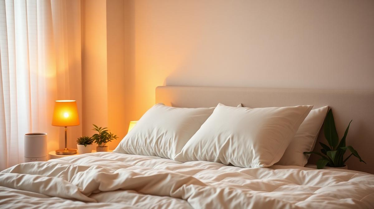 Optimized bedroom for sleep with dark navy walls, blackout curtains, and a humidifier creating ideal conditions