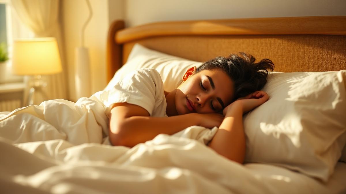 Person sleeping comfortably on their side in a cozy dark bedroom with warm amber lighting