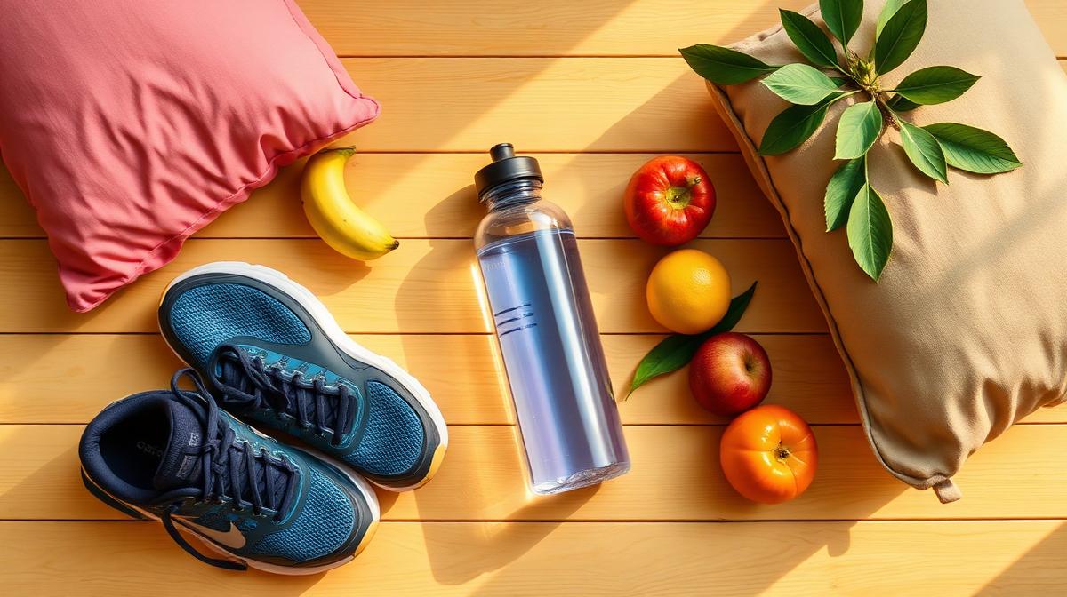 Healthy lifestyle elements including water, fruits, exercise shoes, and sleep accessories on a dark surface