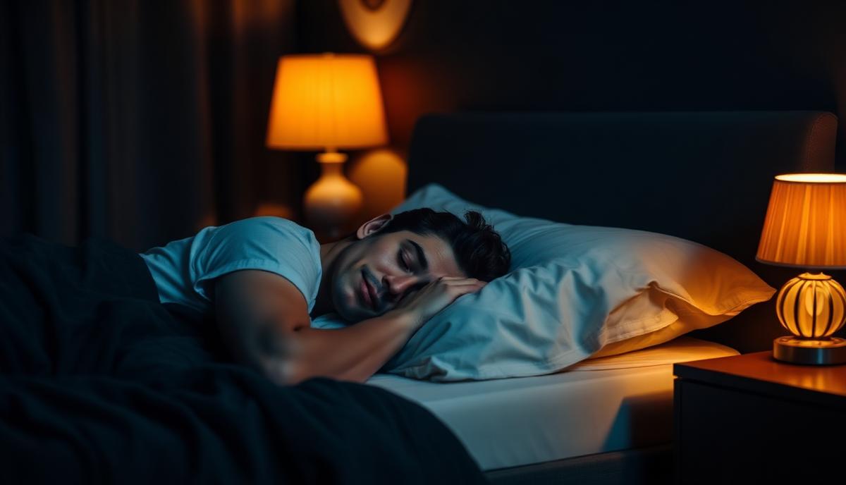 Person sleeping on their side in a dark bedroom with a warm bedside lamp